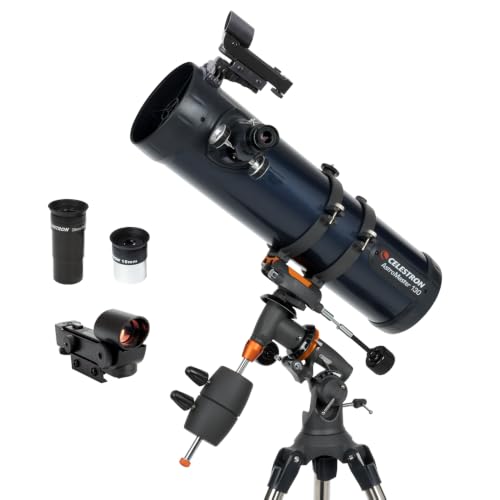 Celestron – AstroMaster 130EQ Newtonian Telescope – Manual Reflector for Beginners – Aluminized Mirror – Adjustable-Height Tripod – Includes Accessories Plus Astronomy Software Pac