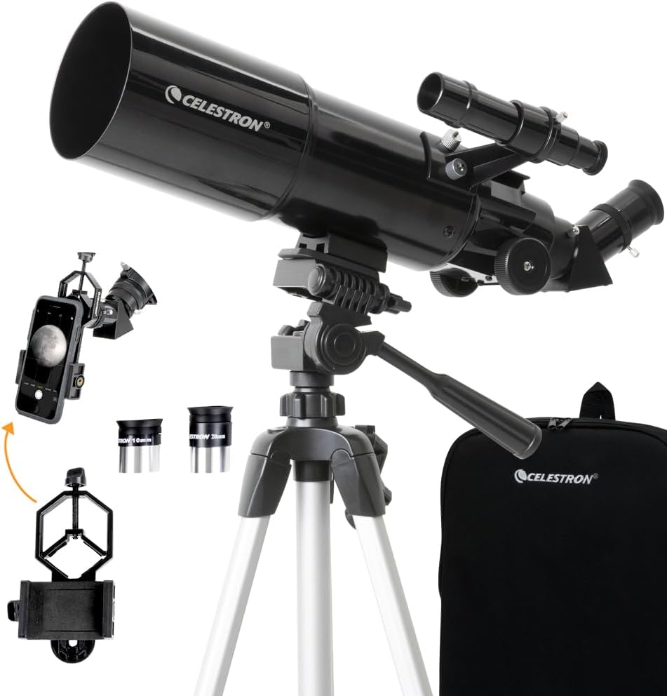 Celestron Travel Scope 80 Portable Refractor Telescope – 80mm Aperture, Fully-Coated Glass Optics – Includes Tripod, Smart...