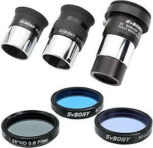 SVBONY SV233 7-Piece Eyepiece & Filter Accessory Kit, Includes Two 1.25” Eyepieces, 2X Barlow Lens, Three Filters and Hard Case Black, Telescope Eyepiece Set for Beginner Astronomi